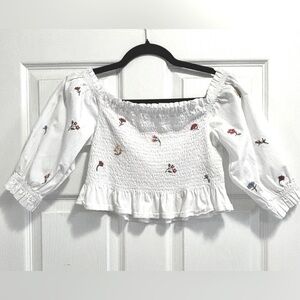 Zara Smocked Off the Shoulder Floral Cropped Top Puff Sleeves White Cotton Small